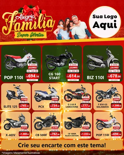 Modelo de Rede Social para Feed Instagram com o tema Alegria em Família Super Ofertas - Natal para Concessionaria de Motos