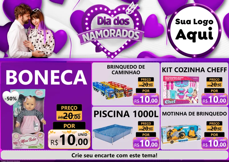 Modelo de Encarte para Encarte A4 Horizontal com o tema Dia dos Namorados para Brinquedos