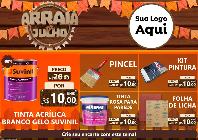 Modelo de Encarte para Encarte A4 Horizontal com o tema Arraiá de Julho - Junina para Tintas e Ferramentas