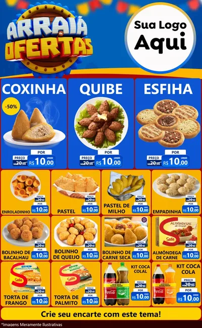 Modelo de Encarte para Encarte Grande com o tema Arraiá de Ofertas - Junina para Salgadaria
