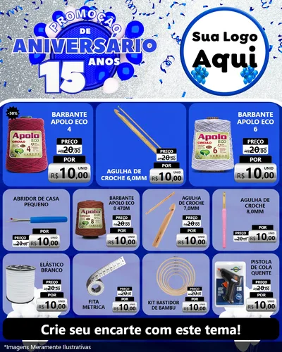 Modelo de Rede Social para Feed Instagram com o tema Promoção de Aniversário - 15 Anos para Armarinho e Aviamentos