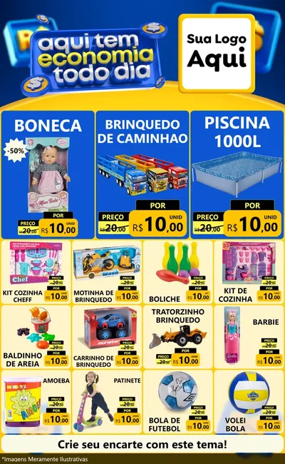 Modelo de Encarte para Encarte Grande com o tema Aqui Tem Economia Todo Dia para Brinquedos