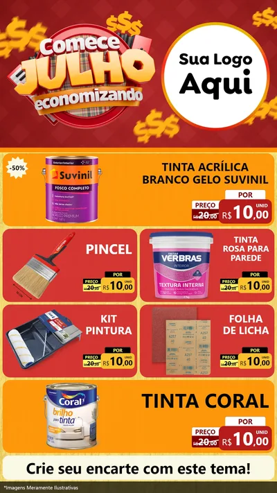 Modelo de TV para TV Vertical com o tema Comece Julho Economizando para Tintas e Ferramentas