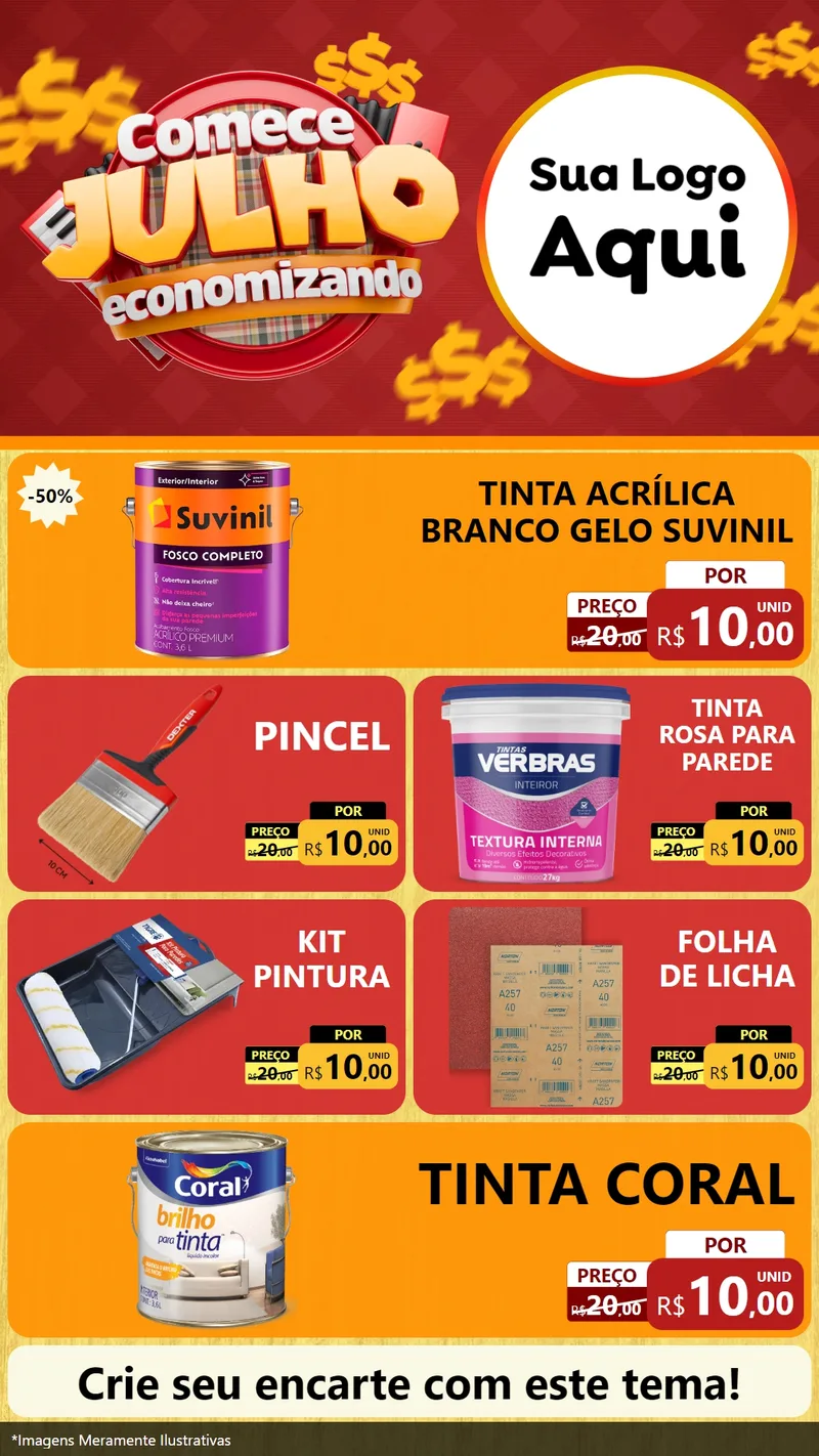 Modelo de TV para TV Vertical com o tema Comece Julho Economizando para Tintas e Ferramentas