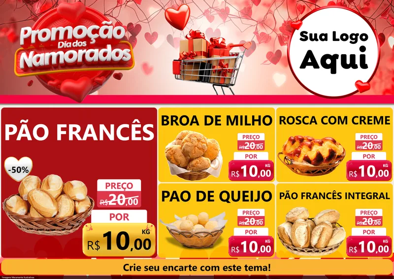 Modelo de Encarte para Encarte A4 Horizontal com o tema Promoção Dia dos Namorados para Padaria