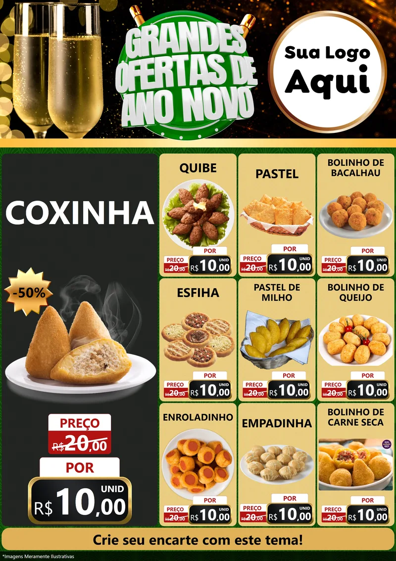 Modelo de Encarte para Encarte A4 Vertical com o tema Grandes Ofertas de Ano Novo para Salgadaria
