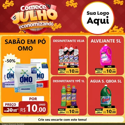 Modelo de Rede Social para Feed Facebook com o tema Comece Julho Economizando para Produtos de Limpeza