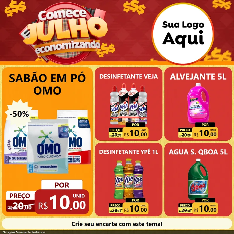 Modelo de Rede Social para Feed Facebook com o tema Comece Julho Economizando para Produtos de Limpeza