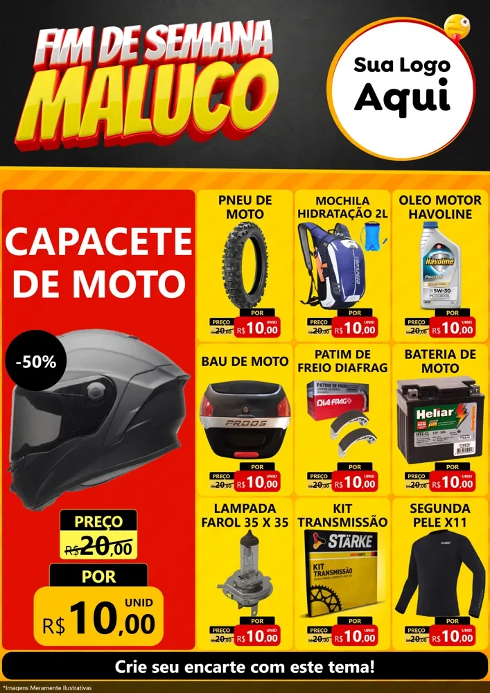 Modelo de Encarte para Encarte A4 Vertical com o tema Final de Semana Maluco para Moto peças