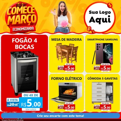 Modelo de Rede Social para Feed Facebook com o tema Comece Março Economizando para Móveis e Eletro