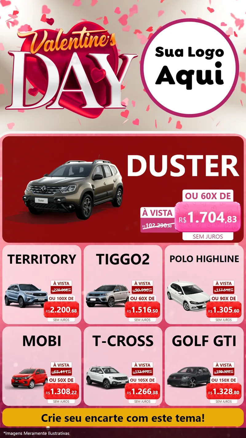 Modelo de Rede Social para Stories com o tema Valentine's Day para Concessionaria de Carros
