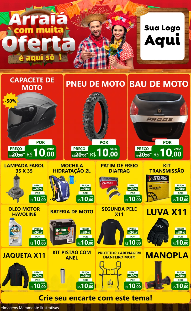 Modelo de Encarte para Encarte Grande com o tema Arraiá Com Muita Oferta - É Aqui Sô! para Moto peças