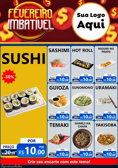 Modelo de Encarte para Encarte A4 Vertical com o tema Fevereiro Imbatível para Comida japonesa