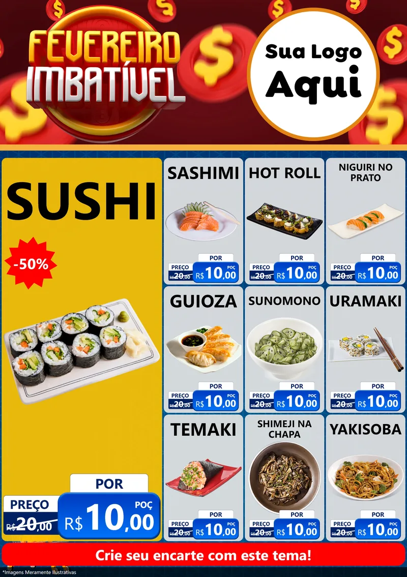 Modelo de Encarte para Encarte A4 Vertical com o tema Fevereiro Imbatível para Comida japonesa