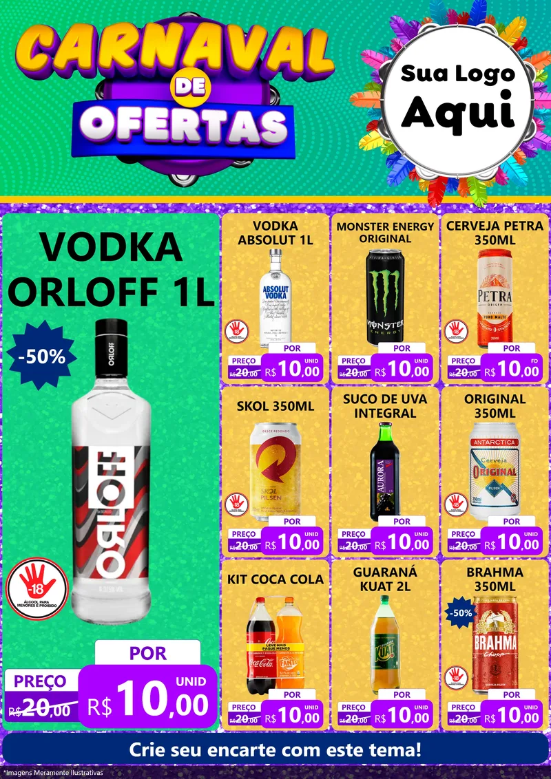 Modelo de Encarte para Encarte A4 Vertical com o tema Carnaval de Ofertas para Distribuidora de bebidas