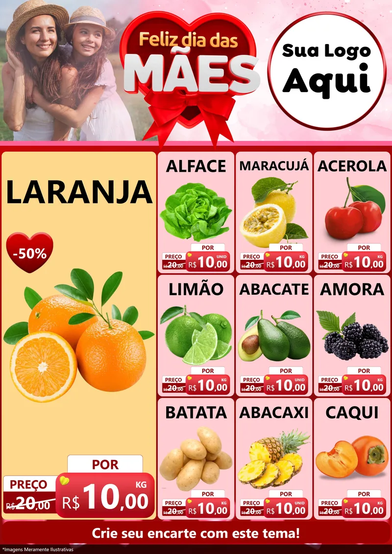 Modelo de Encarte para Encarte A4 Vertical com o tema Feliz Dia Das Mães para Hortifrúti