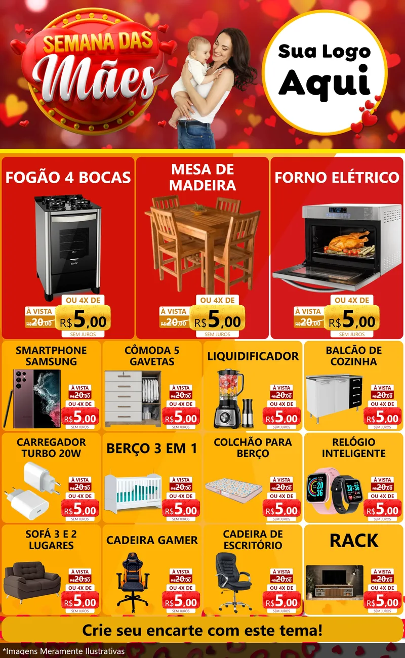 Modelo de Encarte para Encarte Grande com o tema Semana das Mães para Móveis e Eletro