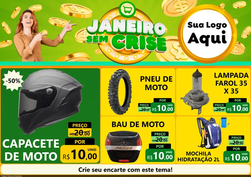 Modelo de Encarte para Encarte A4 Horizontal com o tema Janeiro Sem Crise para Moto peças