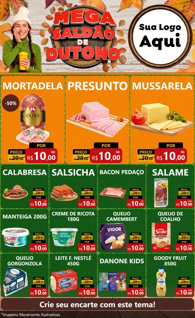 Modelo de Encarte para Encarte Grande com o tema Mega Saldão de Outono para Frios e Laticínios