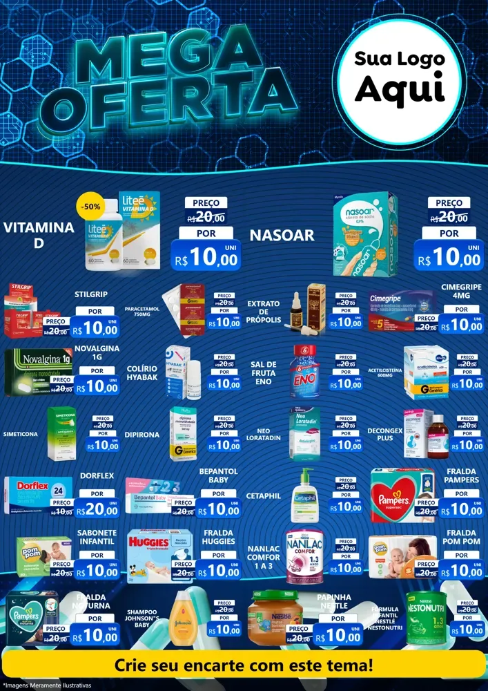 Modelo de Encarte para Encarte A4 Vertical com o tema Mega Oferta - Farmácia para Farmácia