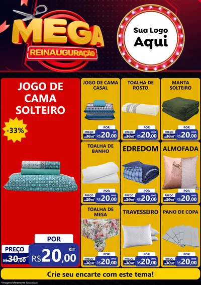 Modelo de Encarte para Encarte A4 Vertical com o tema Mega Reinauguração para Cama, Mesa e Banho