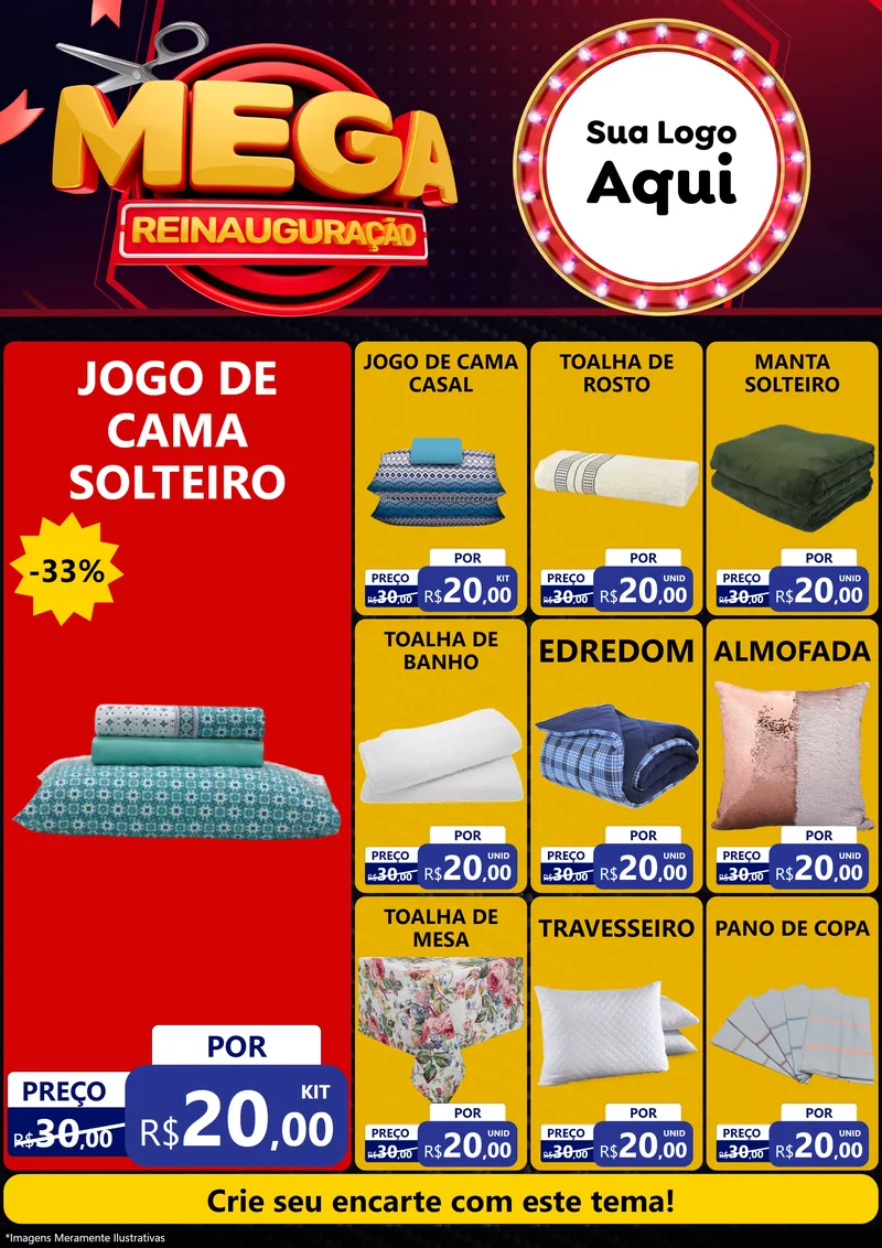 Modelo de Encarte para Encarte A4 Vertical com o tema Mega Reinauguração para Cama, Mesa e Banho