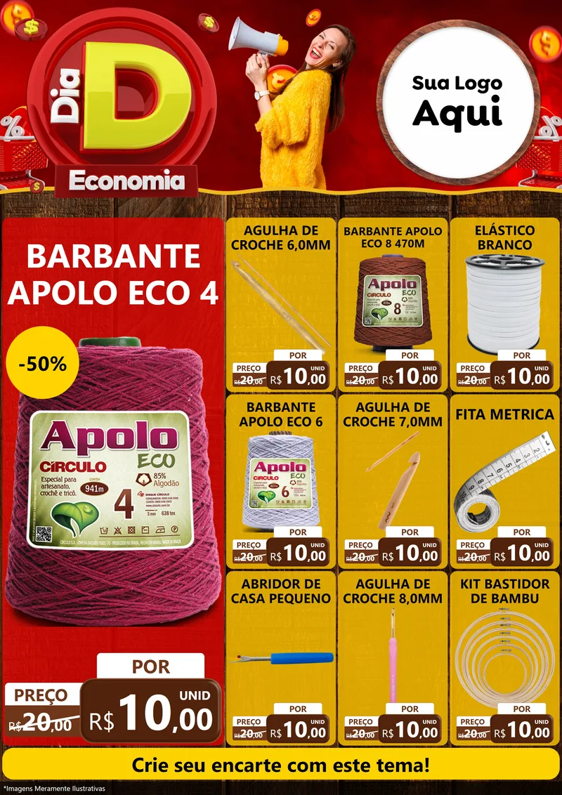 Modelo de Encarte para Encarte A4 Vertical com o tema Dia D Economia para Armarinho e Aviamentos