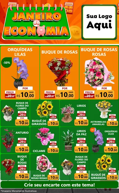 Modelo de Encarte para Encarte Grande com o tema Janeiro da Economia para Floricultura e jardim