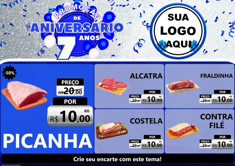 Modelo de Encarte para Encarte A4 Horizontal com o tema Promoção de Aniversário - 7 Anos para Açougue