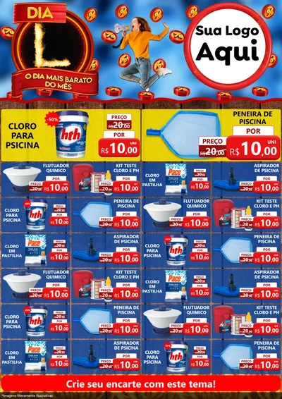 Modelo de Encarte para Encarte A4 Vertical com o tema Dia L - O Dia Mais Barato Do Mês para Produtos para Piscina