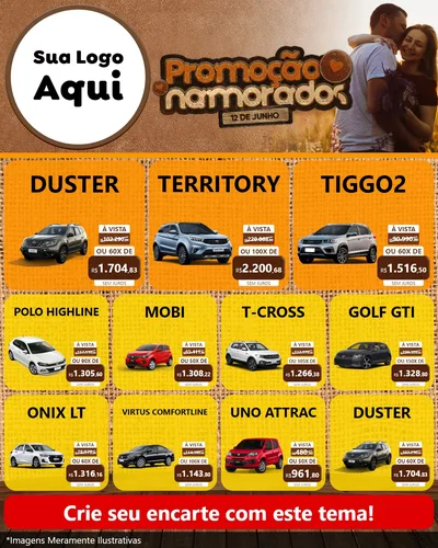 Modelo de Rede Social para Feed Instagram com o tema Promoção Namorados para Concessionaria de Carros