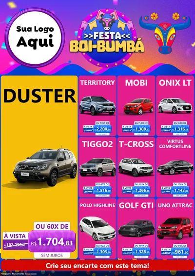 Modelo de Encarte para Encarte A4 Vertical com o tema Festa Boi-Bumbá para Concessionaria de Carros