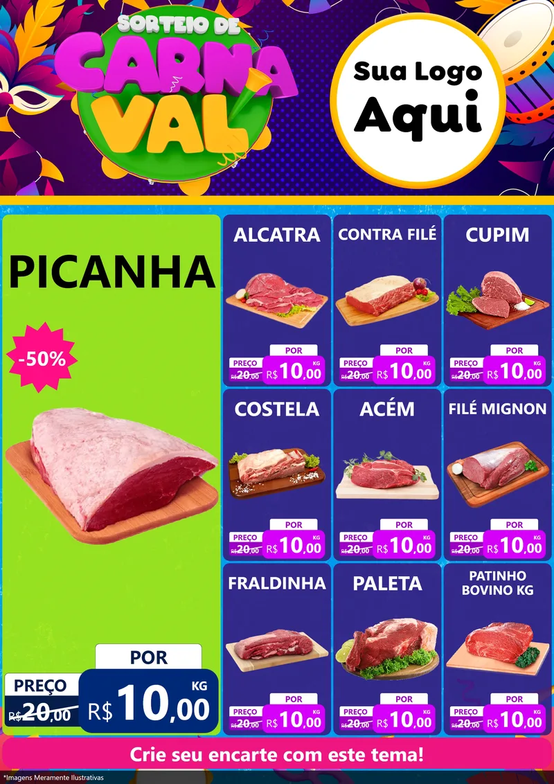 Modelo de Encarte para Encarte A4 Vertical com o tema Sorteio de Carnaval para Açougue