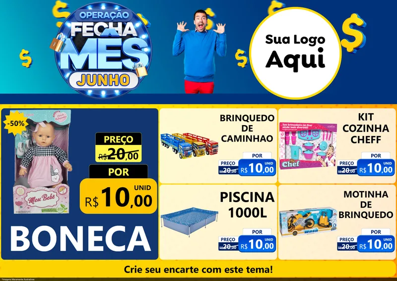 Modelo de Encarte para Encarte A4 Horizontal com o tema Operação Fecha Mês, Junho para Brinquedos