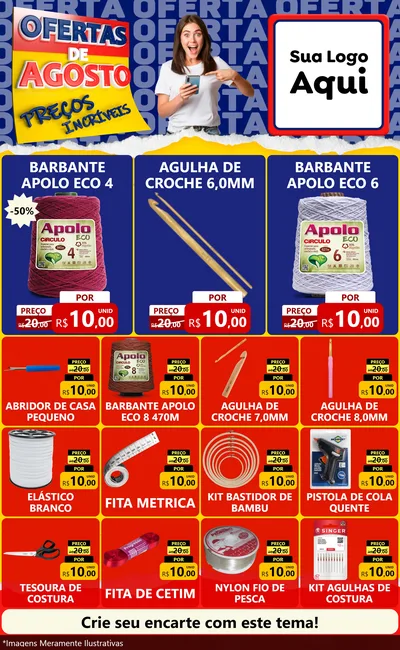 Modelo de Encarte para Encarte Grande com o tema Ofertas de Agosto - Preços Incríveis para Armarinho e Aviamentos
