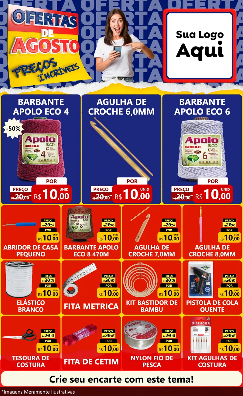 Modelo de Encarte para Encarte Grande com o tema Ofertas de Agosto - Preços Incríveis para Armarinho e Aviamentos