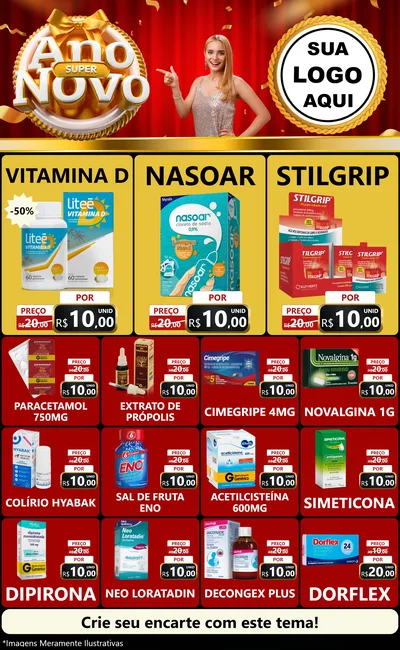 Modelo de Encarte para Encarte Grande com o tema Super Ano Novo para Farmácia