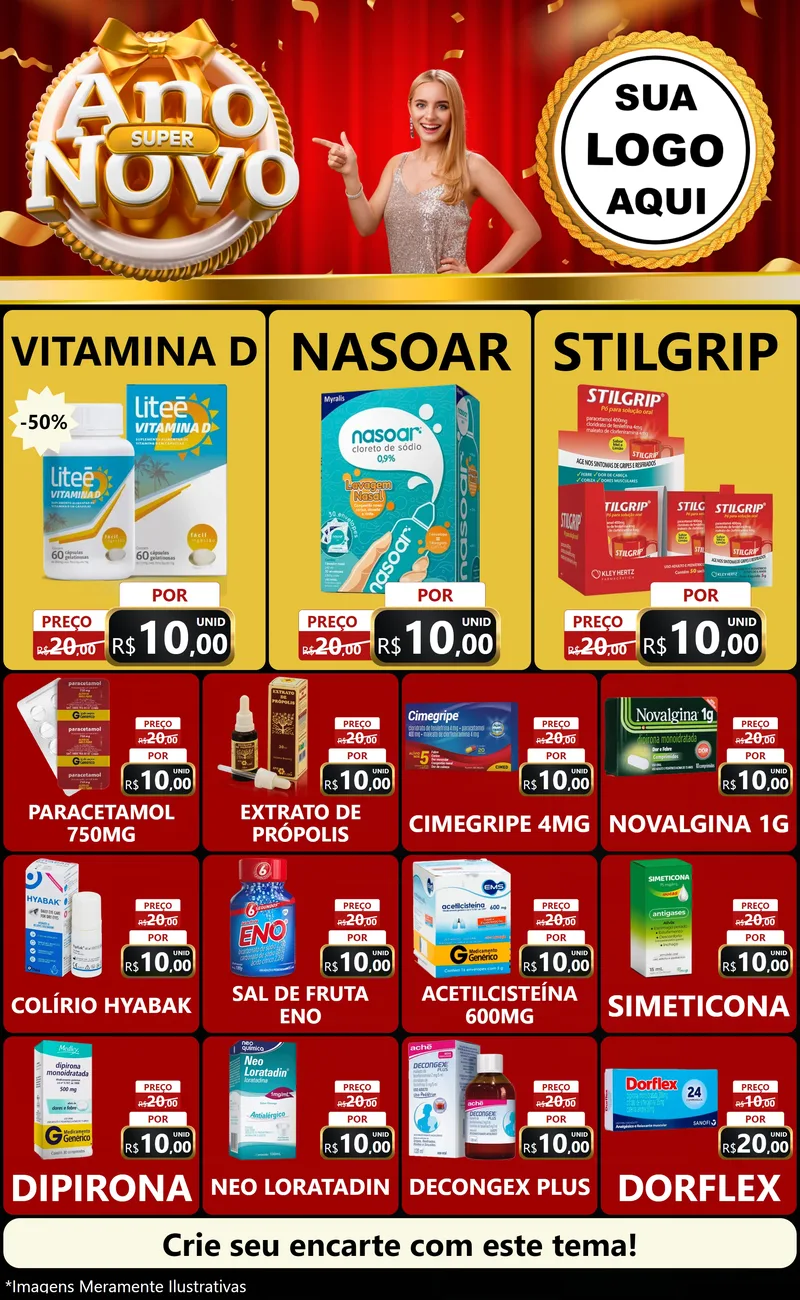 Modelo de Encarte para Encarte Grande com o tema Super Ano Novo para Farmácia