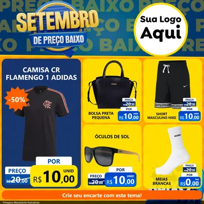 Modelo de Rede Social para Feed Facebook com o tema Setembro De Preço Baixo para Roupas e acessórios