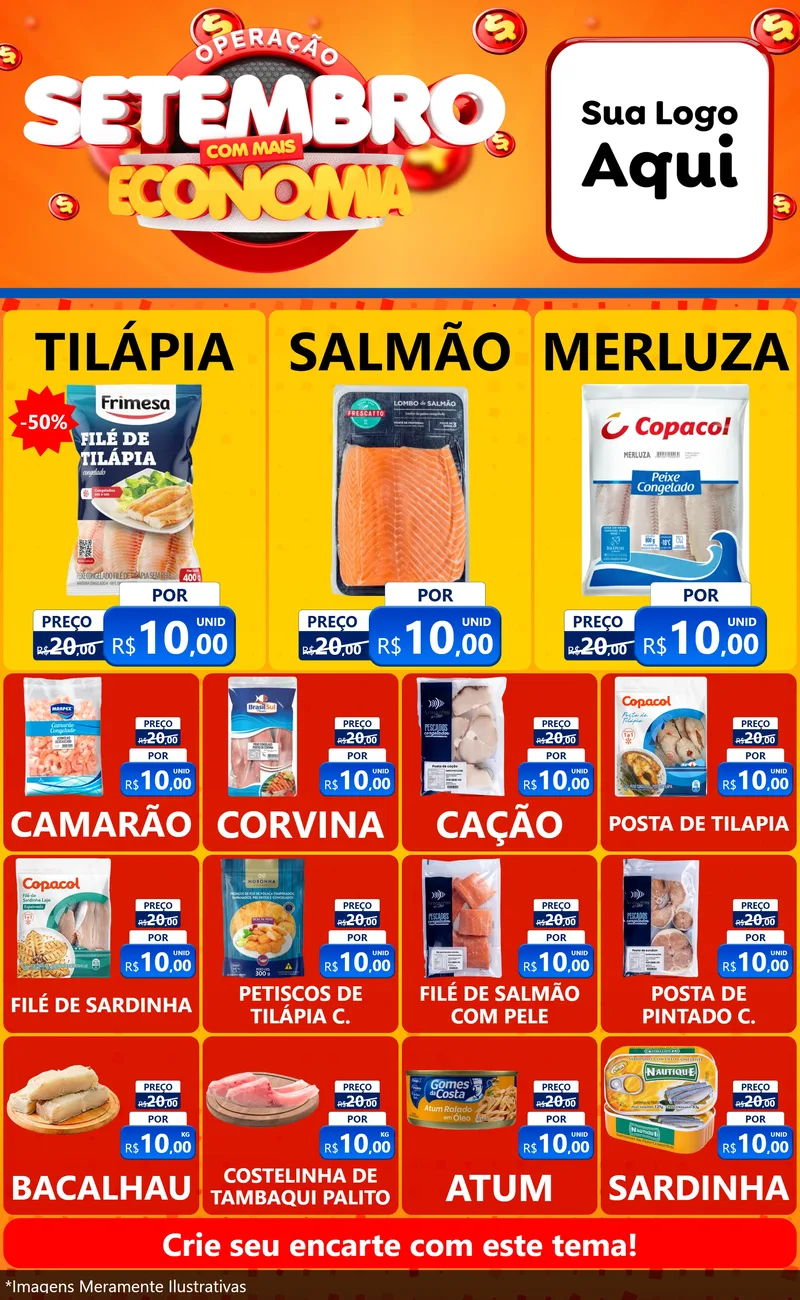 Modelo de Encarte para Encarte Grande com o tema Operação Setembro Com Muita Economia para Peixaria