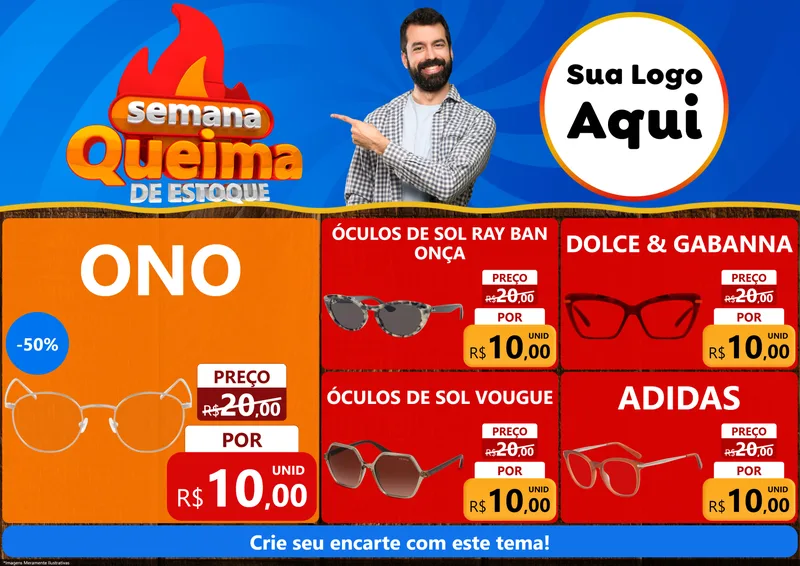 Modelo de Encarte para Encarte A4 Horizontal com o tema Semana Queima de Estoque para Óticas