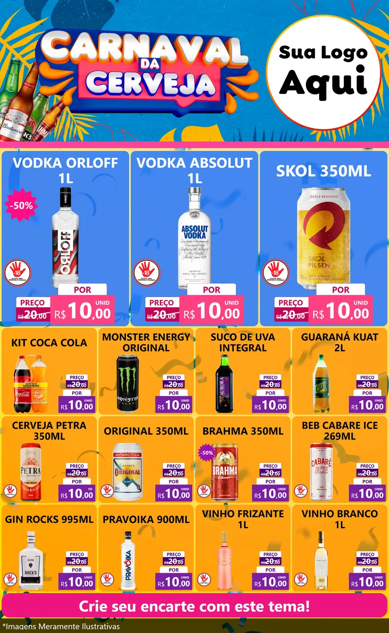 Modelo de Encarte para Encarte Grande com o tema Carnaval da Cerveja para Distribuidora de bebidas