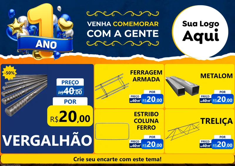 Modelo de Encarte para Encarte A4 Horizontal com o tema Um Ano de Aniversário para Ferragens
