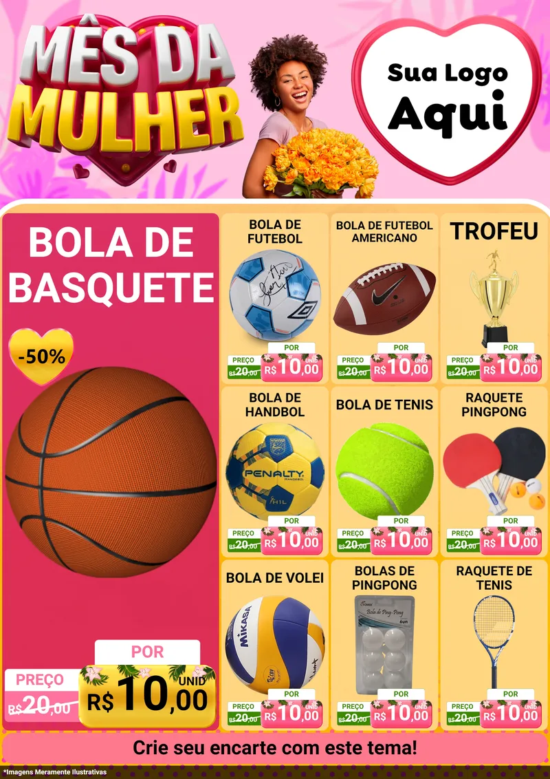 Modelo de Encarte para Encarte A4 Vertical com o tema Mês da Mulher para Artigos Esportivos