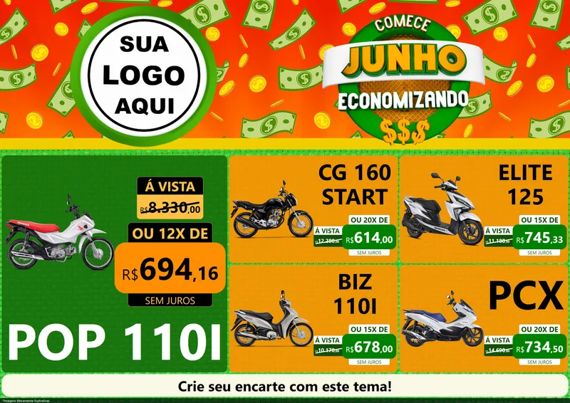 Modelo de Encarte para Encarte A4 Horizontal com o tema Comece Junho Economizando para Concessionaria de Motos