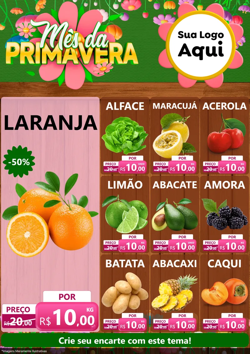 Modelo de Encarte para Encarte A4 Vertical com o tema Mês da Primavera para Hortifrúti