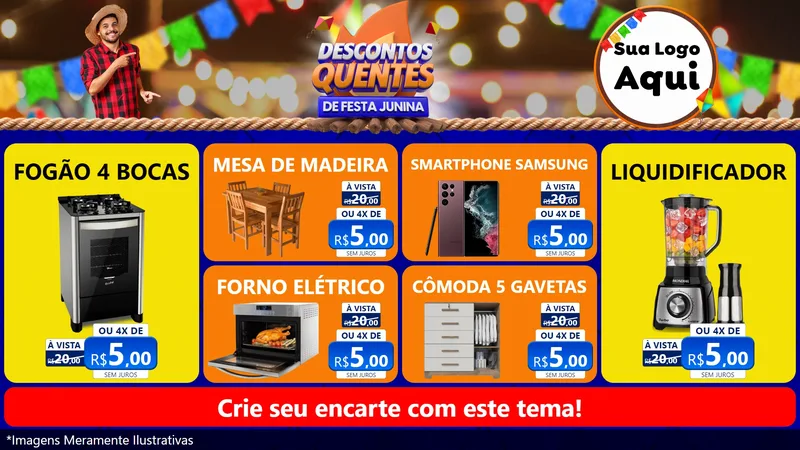 Modelo de TV para TV Horizontal com o tema Descontos Quentes de Festa Junina para Móveis e Eletro