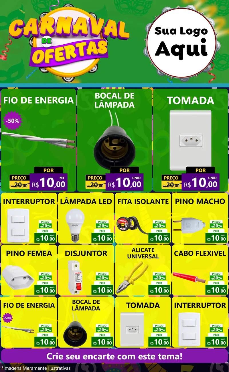Modelo de Encarte para Encarte Grande com o tema Carnaval de Ofertas para Materiais Elétricos