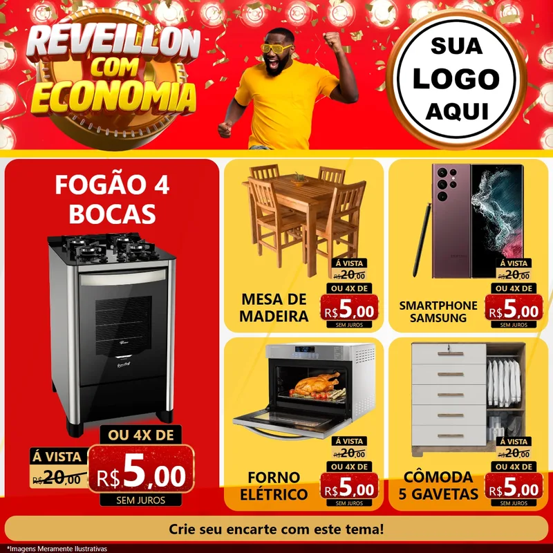 Modelo de Rede Social para Feed Facebook com o tema Réveillon com Economia para Móveis e Eletro