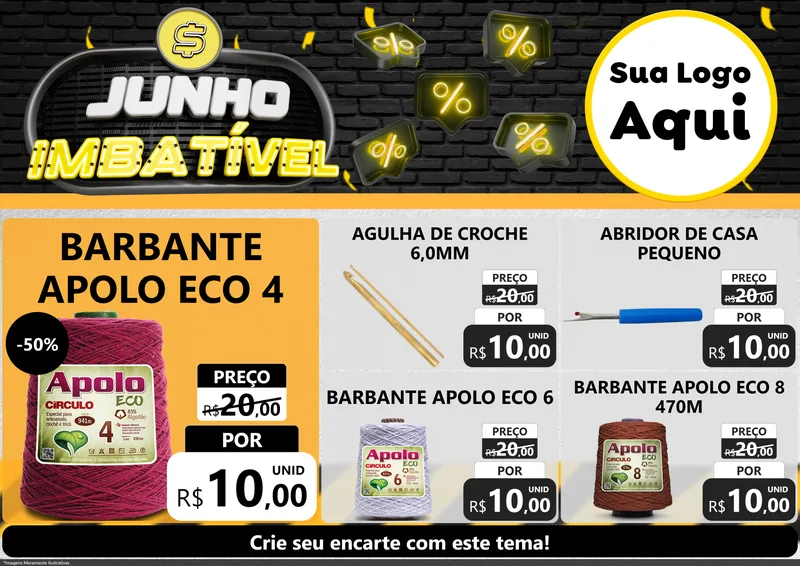 Modelo de Encarte para Encarte A4 Horizontal com o tema Junho Imbatível para Armarinho e Aviamentos